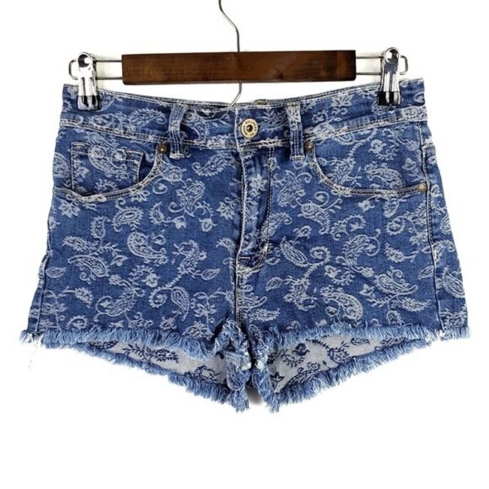 Blue Paisley High Rise Denim Shorts Womens 7 Frayed Hem Stretch Boho Jean Shorts